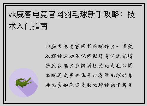 vk威客电竞官网羽毛球新手攻略：技术入门指南