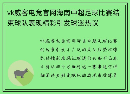 vk威客电竞官网海南中超足球比赛结束球队表现精彩引发球迷热议